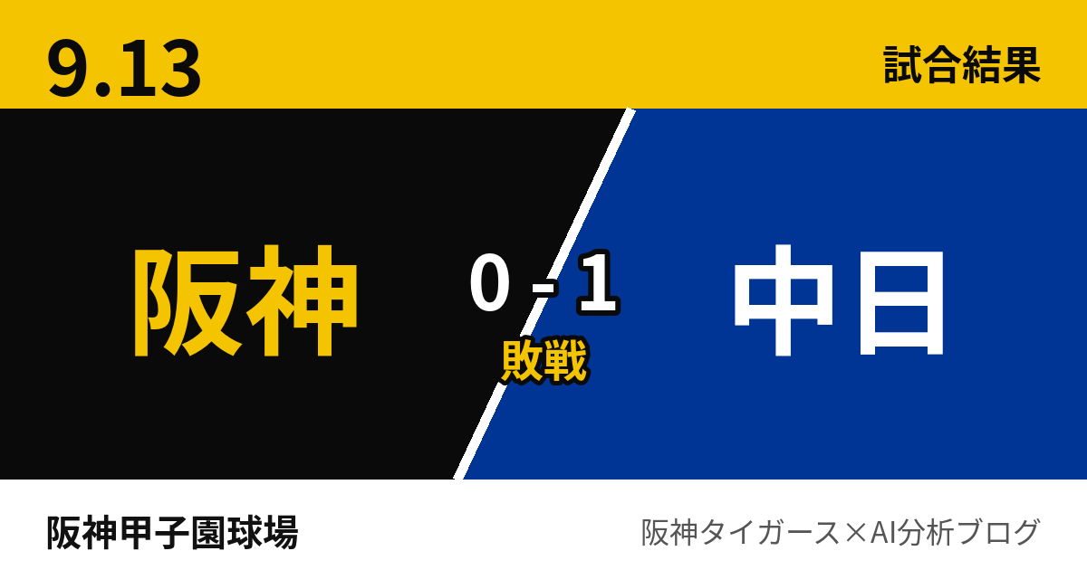 9月13日 阪神0-1中日 試合結果 阪神甲子園球場