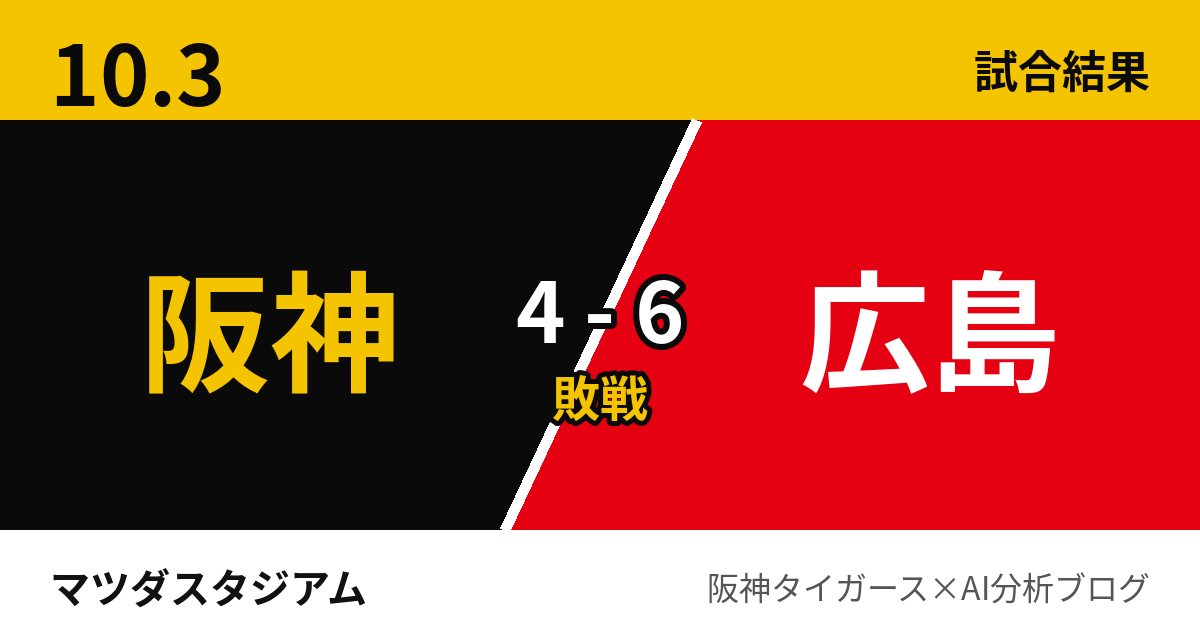 10月3日 阪神4-6広島 試合結果 マツダスタジアム